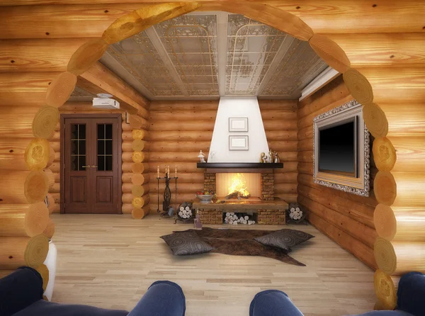 3D рендеринг гостиной в доме из бревен — стоковое фото