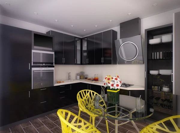 3d illustration of modern black kitchen — Stock Photo, Image