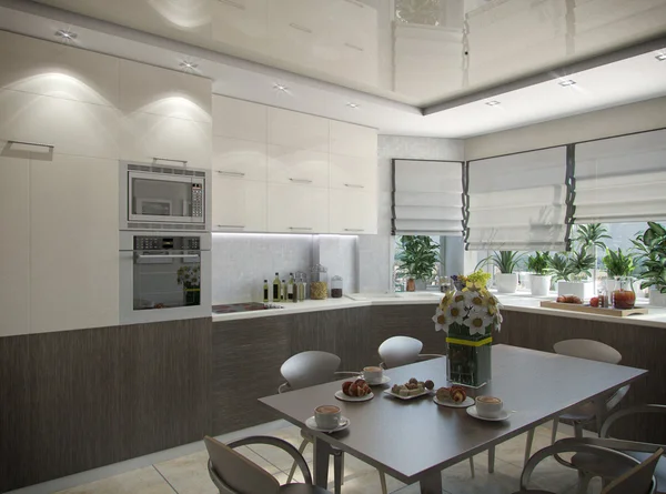 3d rendering of a kitchen in beige tones
