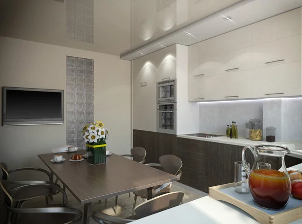 Rendering 3d di una cucina in toni beige — Foto Stock