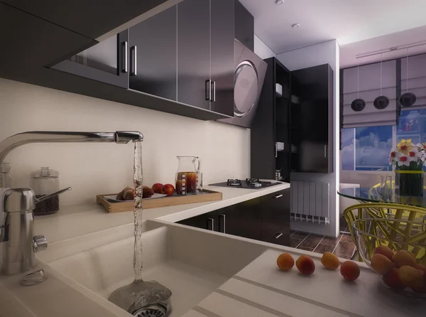 3D иллюстрация современной черной кухни — стоковое фото