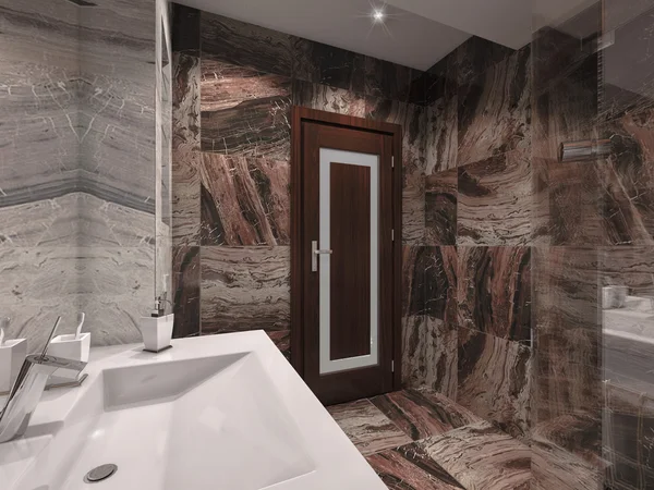 3d ilustración baño en piedra gris y marrón con baño blanco — Foto de Stock