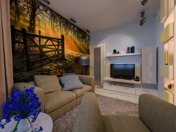 Ilustración 3D de la sala de estar combinada y el vivero —  Fotos de Stock
