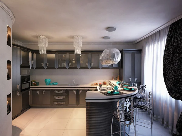 3D illustration of kitchen in black color in style of an art dec — Stock Photo, Image