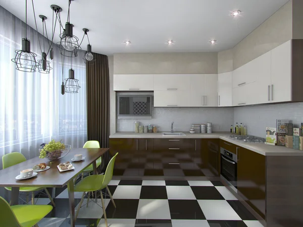 现代厨房棕色和米色色调三维图 — 图库照片