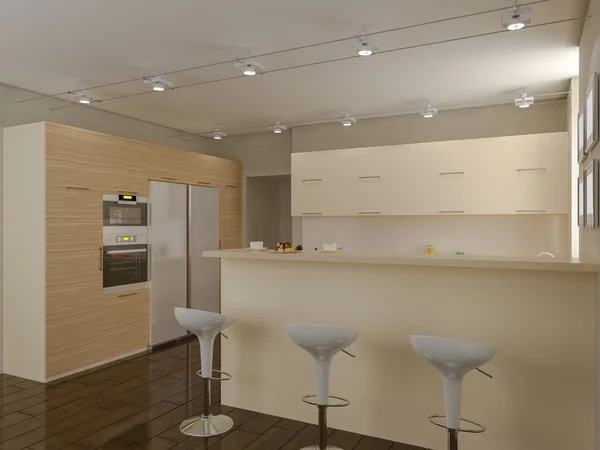 3D illustratie van een keuken in beige tinten — 图库照片