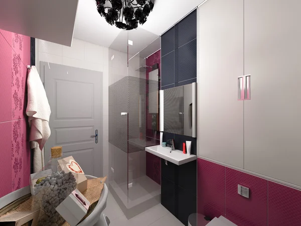 Ilustración 3D del diseño interior de un baño rosa —  Fotos de Stock