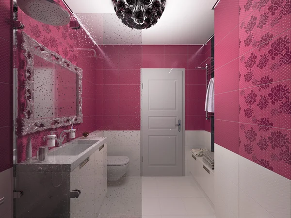 Illustrazione 3D di interior design di un bagno rosa — Foto Stock