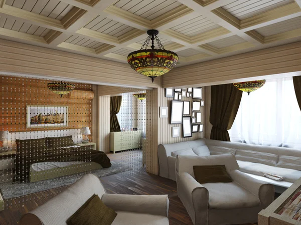 Ilustración 3D del diseño interior de un dormitorio en la casa —  Fotos de Stock