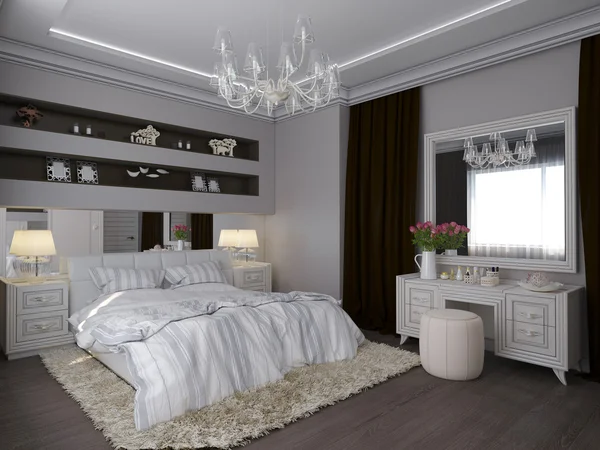 Rendering 3D di una camera da letto bianca in stile classico — Foto Stock