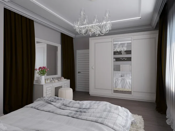 Rendering 3D di una camera da letto bianca in stile classico — Foto Stock