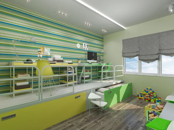 Ilustración 3D de un dormitorio para hermanos en col verde y amarillo — Foto de Stock