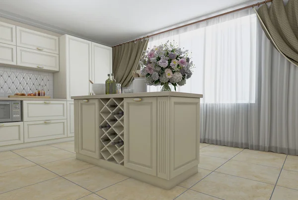 Illustrazione 3D di cucina bianca in stile classico — Foto Stock