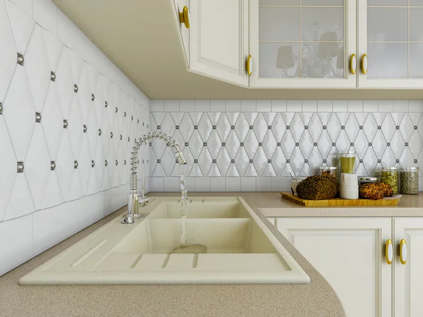 3D illustratie van witte keuken in een klassieke stijl — Stockfoto