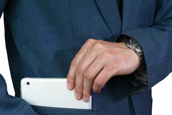 The businessman's photo in a suit. The man holds near at hand th — Stock Photo, Image