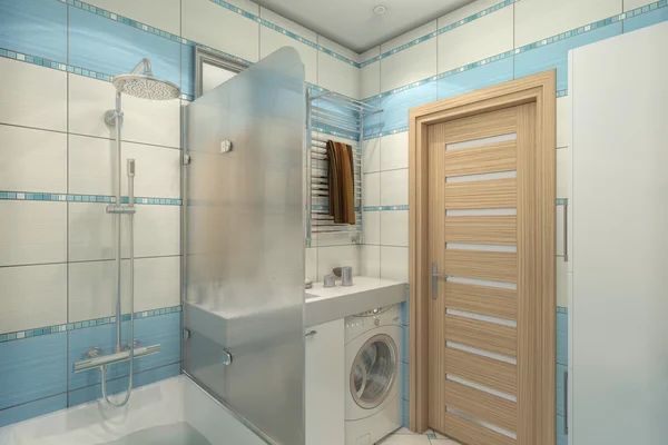 Illustrazione in 3D di progetto di un bagno in colore azzurro — Foto Stock