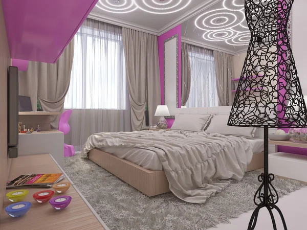 Ilustración 3D de un dormitorio para la joven — Foto de Stock