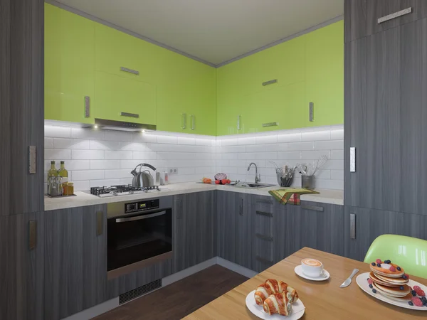3D иллюстрация кухни с деревянными и зелеными фасадами — стоковое фото