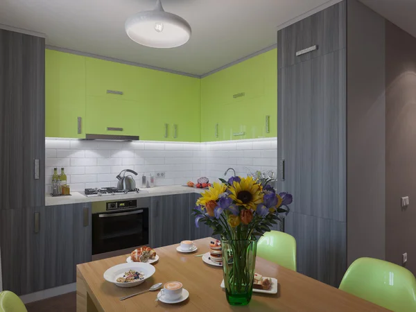 3D obrázek kuchyně s dřevěnými a zelené fasády — Stock fotografie