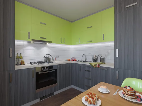 3D illustration of kitchen with wooden and green facades — Stock Image 3D illustration of kitchen with wooden and green facades Royalty Free Stock Images