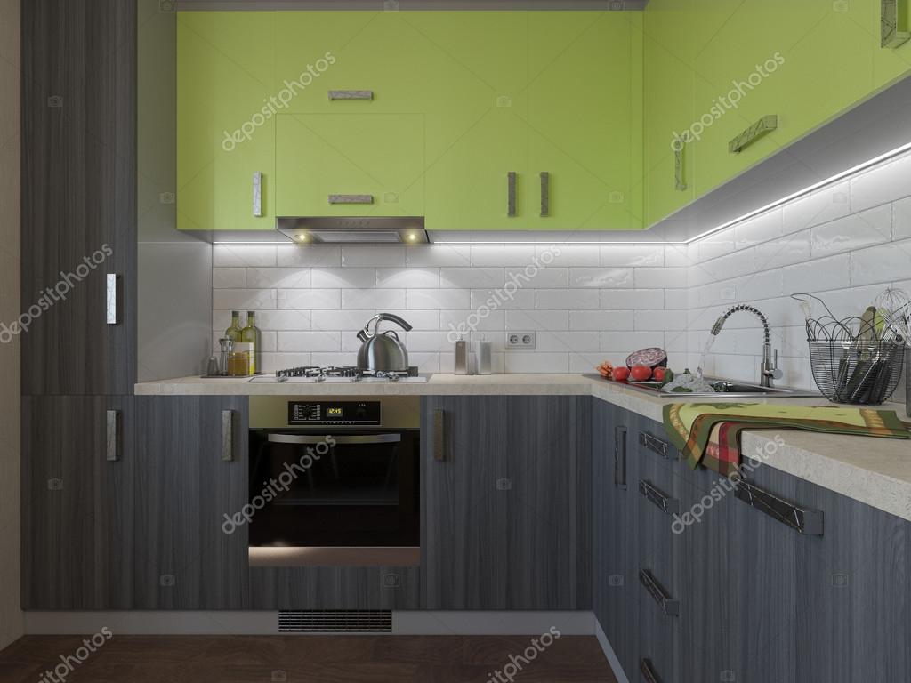 A fából készült és zöld homlokzatok konyha 3d illusztrációja ...