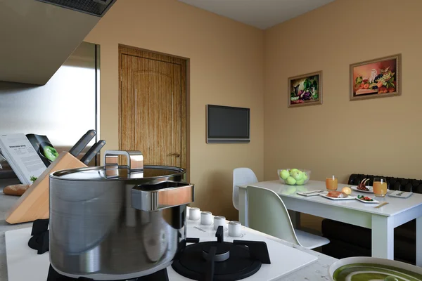 Ilustración 3D de cocina con fachadas beige y verde — Foto de Stock