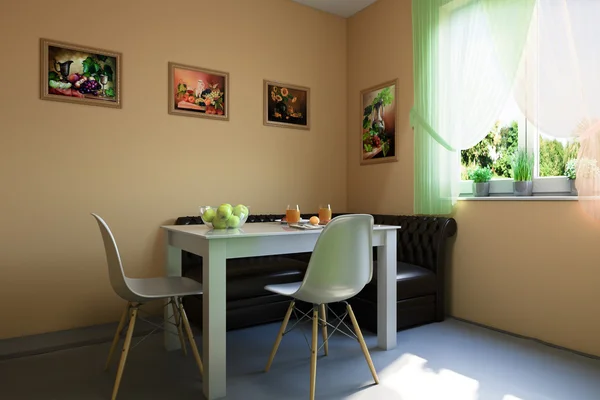 3D ілюстрація кухні з бежевими і зеленими фасадами — стокове фото