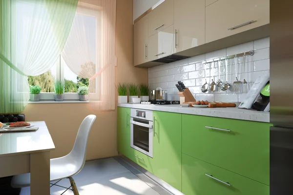 3D иллюстрация кухни с бежевым и зеленым фасадами — стоковое фото