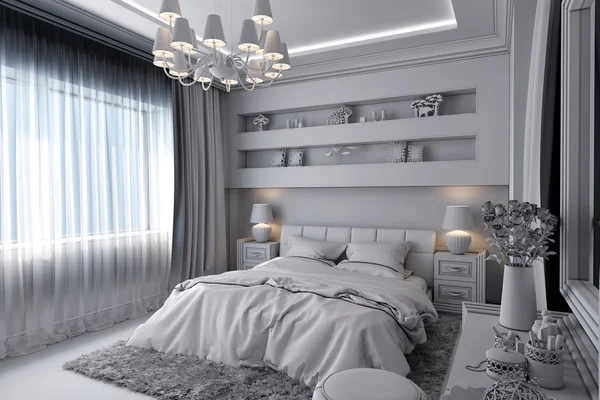 Ilustración 3D de un dormitorio blanco de estilo clásico —  Fotos de Stock