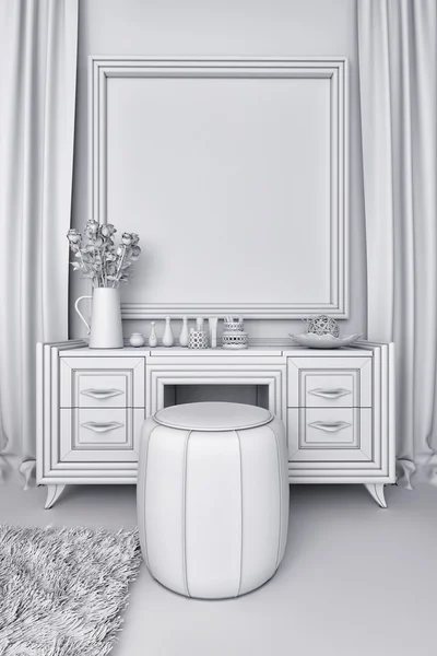 Ilustración 3D de un dormitorio blanco de estilo clásico — Foto de Stock