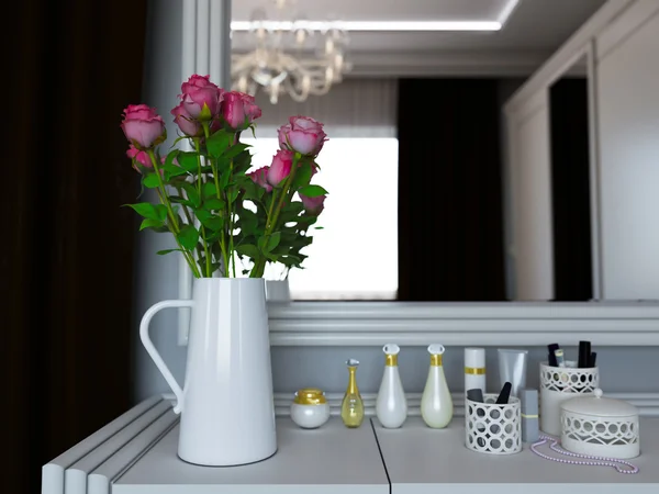 花瓶与玫瑰化妆品的小桌上的 3d 插图 — 图库照片