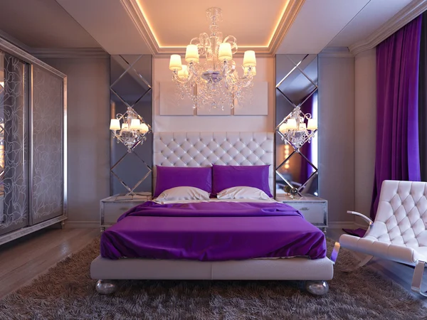 3D-Rendering Schlafzimmer in Grau- und Weißtönen mit lila Akzenten — Stockfoto