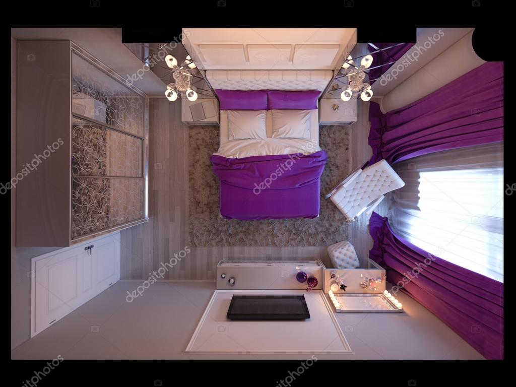 3d Rendering Bedroom In Gray And White Tones With Purple