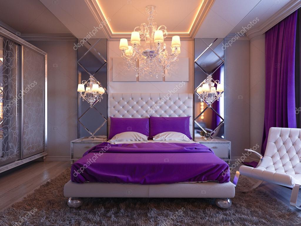 3d Rendering Bedroom In Gray And White Tones With Purple