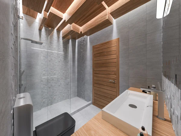 3D visualisatie van een badkamer in een grijze steen en een mozaïek — Stockfoto