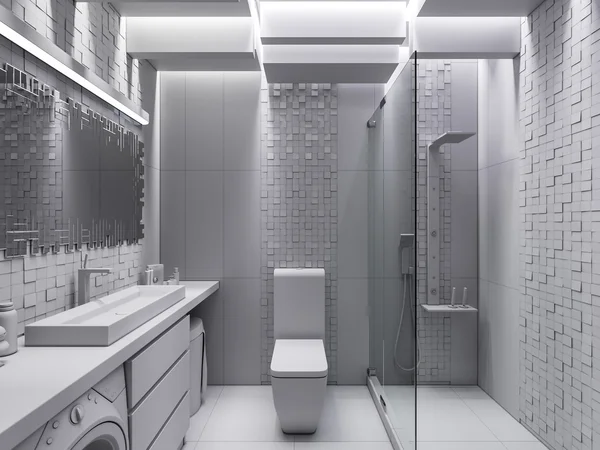 3D vizualizace koupelny v šedém kameni a mozaiky bez textury a barvy — Stock fotografie