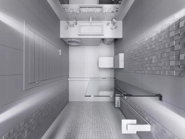 3D визуализация ванной комнаты в сером камне и мозаики без текстур и цвета — стоковое фото