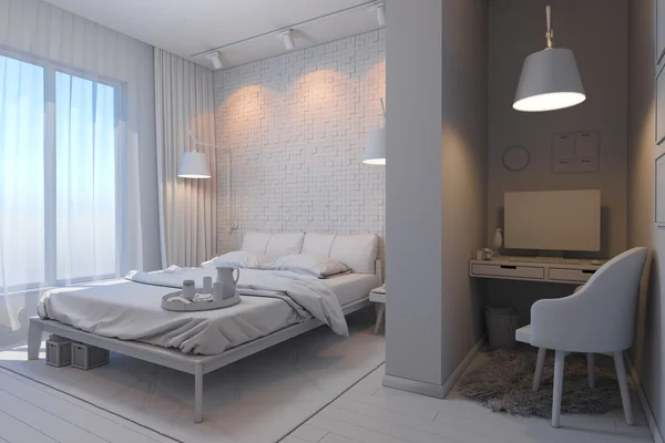 Yatak odalarında İskandinav tarzı dostum olmadan 3D çizimi — Stok fotoğraf