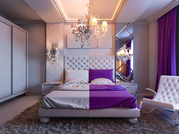 Camera da letto di rendering 3d nei toni del grigio e del bianco con accenti viola — Foto Stock