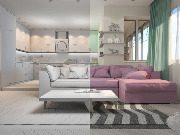 Illustration 3D de petits appartements aux couleurs pastel . — Photo