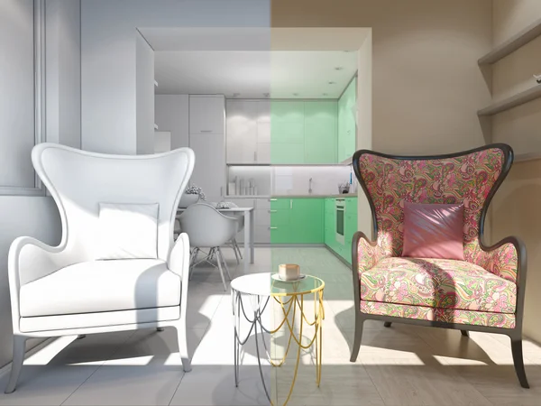 Illustration 3D de petits appartements aux couleurs pastel . — Photo