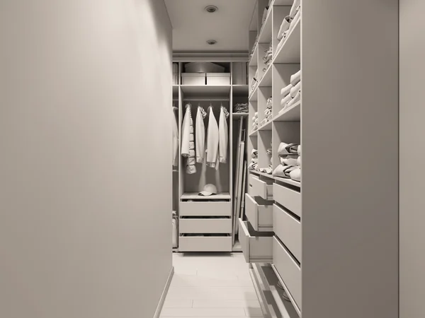 Ilustración 3D de la sala de armario en tonos claros. Render sin texturas y sombreadores — Foto de Stock