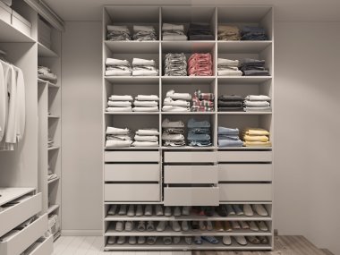3D illustration of the wardrobe room in light tones. Render with clipart