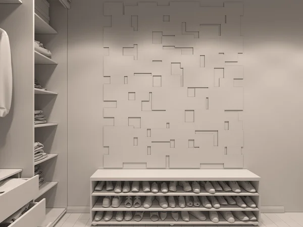 Ilustración 3D de la sala de armario en tonos claros. Render sin texturas y sombreadores —  Fotos de Stock