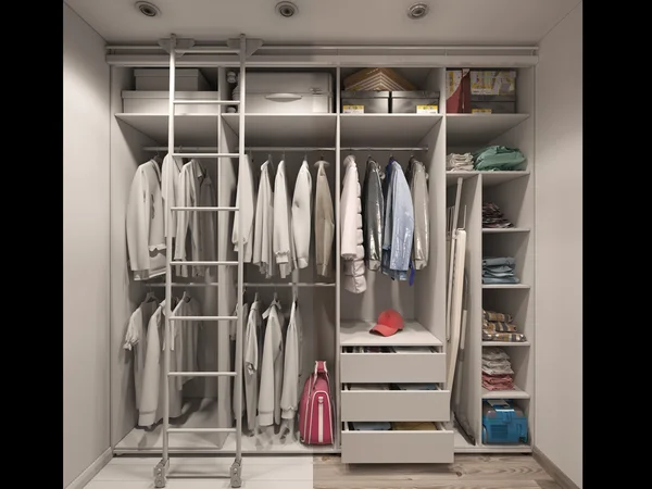 3D illustration of the wardrobe room in light tones. Render with — Stock Photo, Image