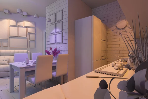 Ilustração 3D do apartamento de um quarto. Visualização sem sombreadores e texturas, com iluminação de arte — Fotografia de Stock