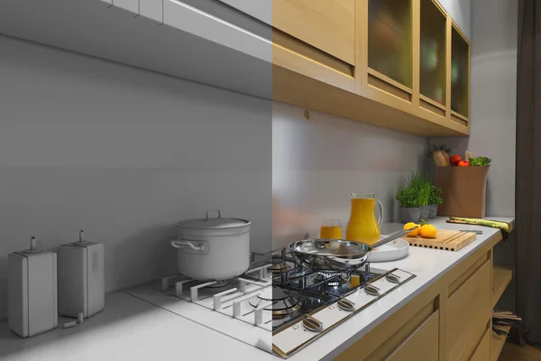 Illustrazione 3D di cucina con accessori. Visualizzazione senza ombreggiature e texture — Foto Stock