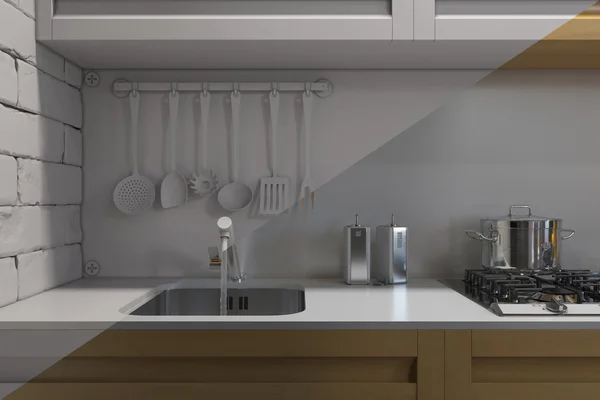 3D иллюстрация кухни с аксессуарами. Визуализация без шейдеров и текстур — стоковое фото