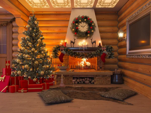 Illustration 3D Nouvel an intérieur avec sapin de Noël, cadeaux et cheminée dans la maison à partir d'un rondin. Carte postale décorée arbre de Noël . — Photo