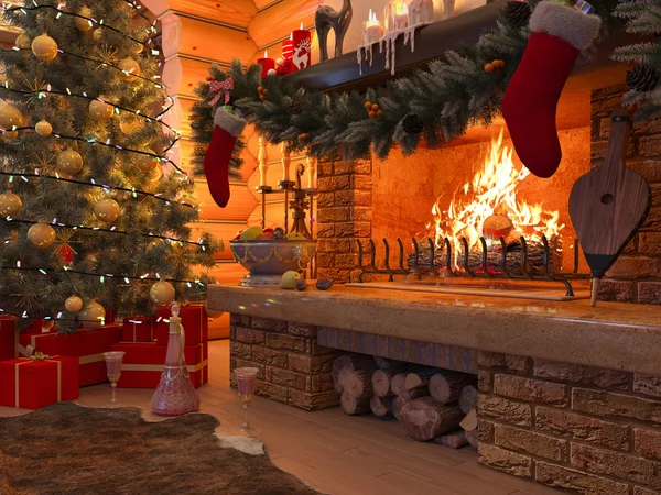 Illustration 3D Nouvel an intérieur avec arbre de Noël, cadeaux et cheminée dans la maison à partir d'un rondin . — Photo